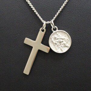 Silver Cross & Saint Christopher Pendant Set